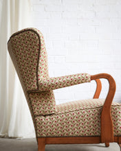 Load image into Gallery viewer, Walnut Wingback Armchair With Floral Upholstery