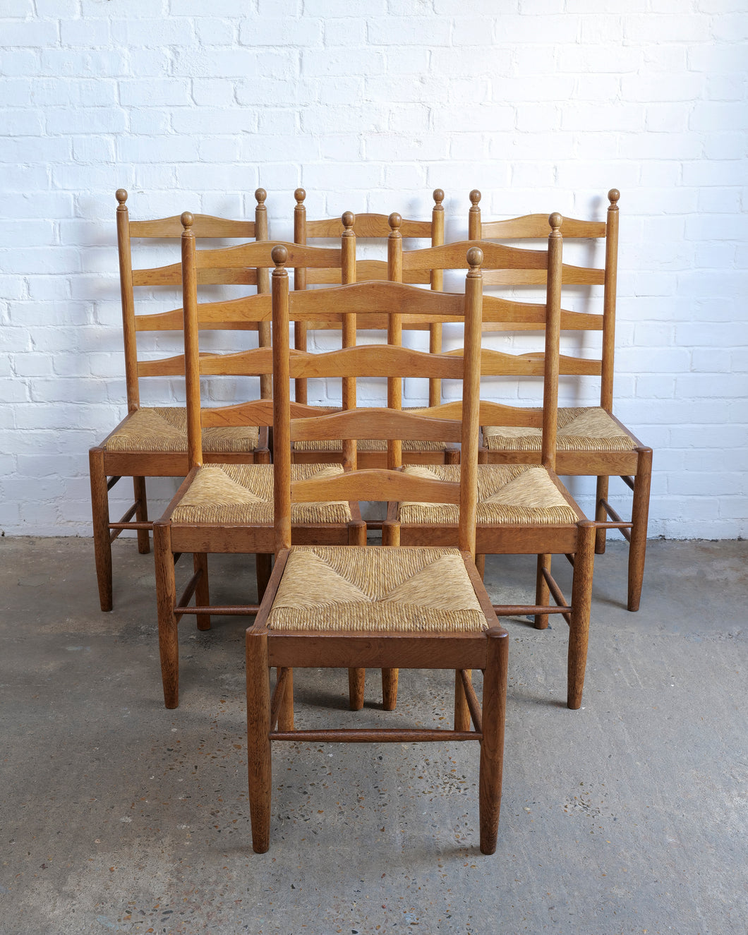 Set Of 6 Ladder Back Dining Chairs With Rush Seats