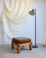 Load image into Gallery viewer, Oak framed footstool with a sprung base and brown cotton mix cushion and retro floor lamp