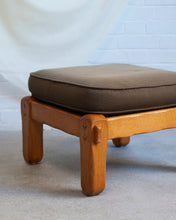 Load image into Gallery viewer, Oak framed footstool with a sprung base and brown cotton mix cushion