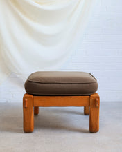Load image into Gallery viewer, Oak framed footstool with a sprung base and brown cotton mix cushion