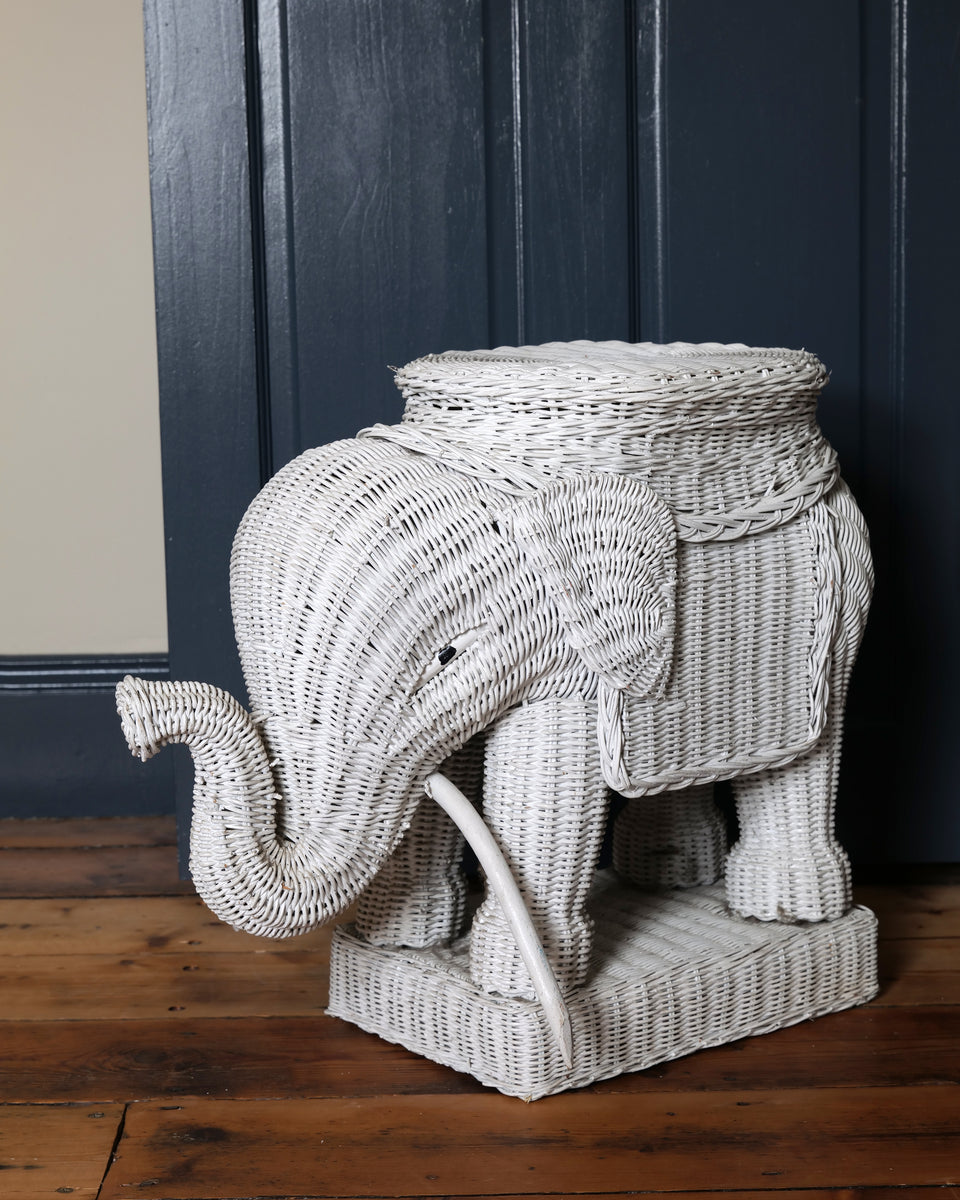White Wicker Elephant Side Table Vantage Living