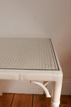 Load image into Gallery viewer, vintage white faux bamboo and cane side table / coffee table in the style of the chippindale models