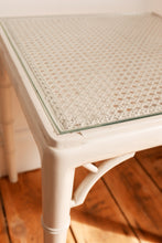 Load image into Gallery viewer, vintage white faux bamboo and cane side table / coffee table in the style of the chippindale models