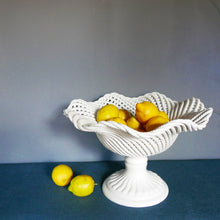 Load image into Gallery viewer, 19th century white porcelain pedestal bowl with oversized lattice basket weave.