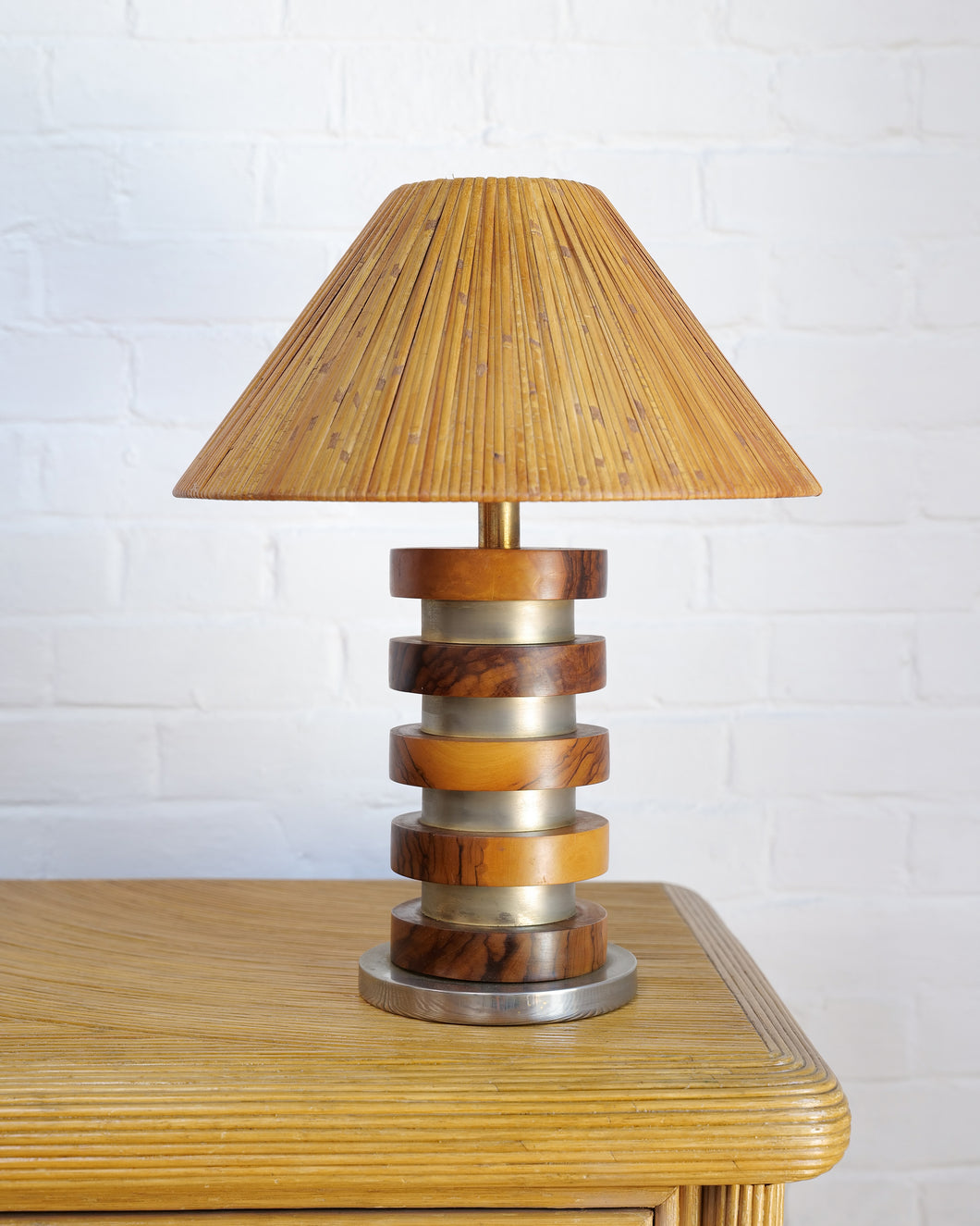 Italian 70's Walnut And Brass Lamp