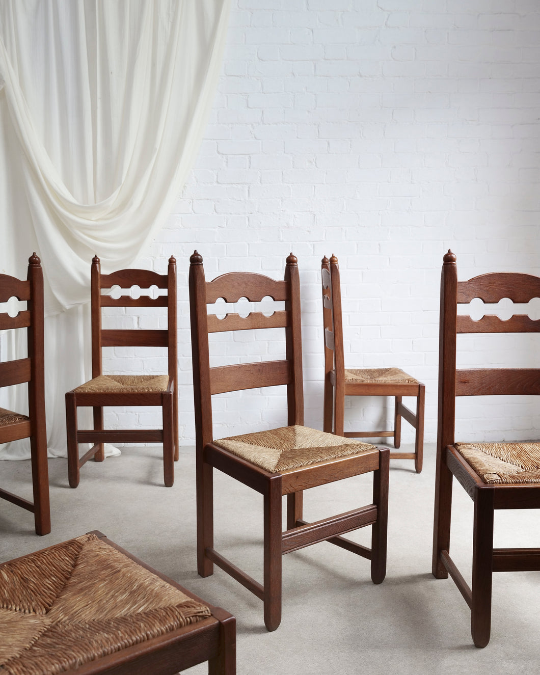 Brutalist Set of Razor Back Oak Dining Chairs