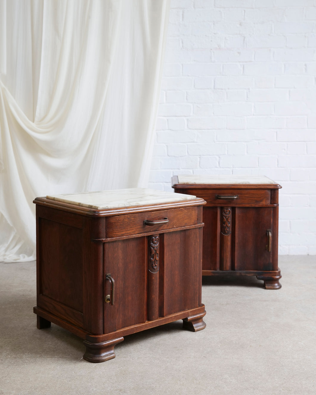 Pink Marble Top Oak Bedside Tables