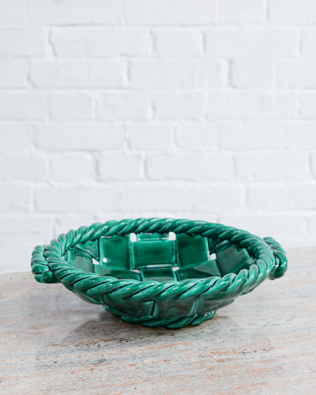 Extra Large Vallauris France Glazed Woven Ceramic Basket Emerald Green