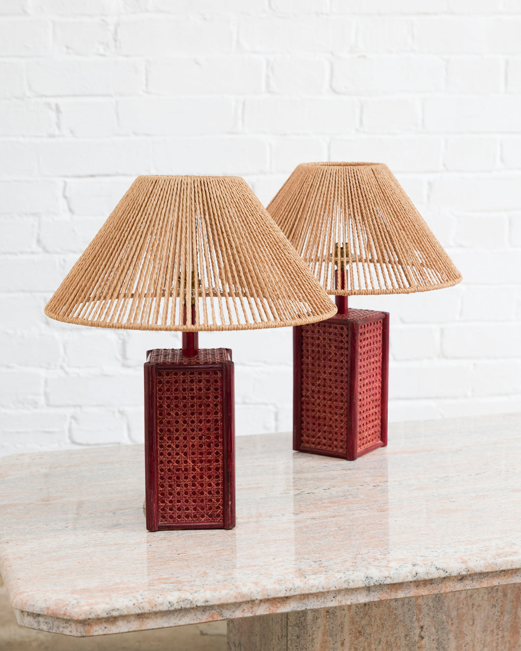 PAIR OF RED CANE FRENCH LAMPS