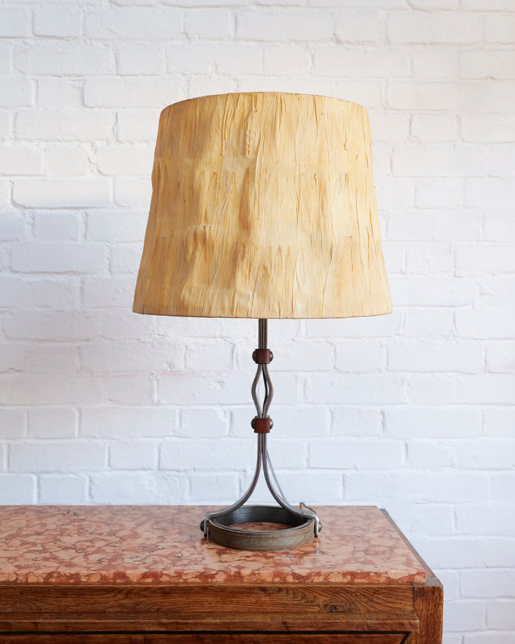 Mid-Century Leather and Iron Table Lamp by Jean-Pierre Ryckaert