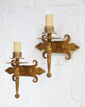 Load image into Gallery viewer, French gilt wrought iron two-light sconces gold
