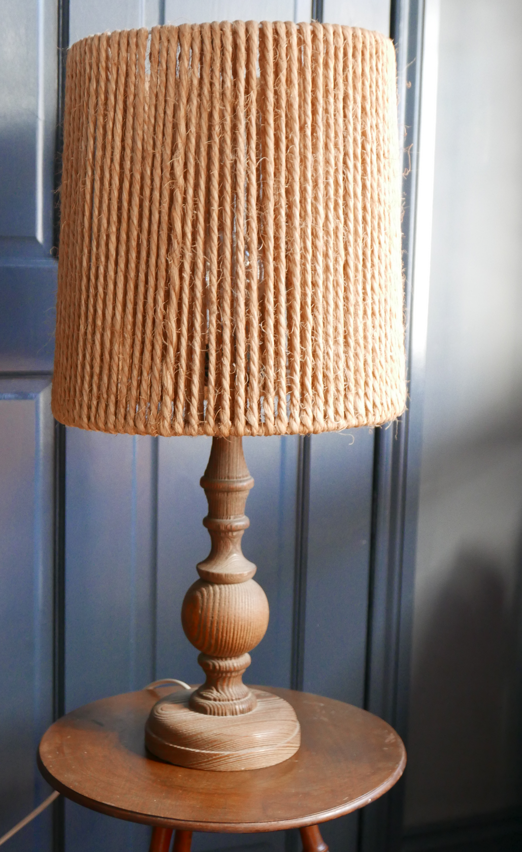 Vintage wooden turned lamp with rope shade