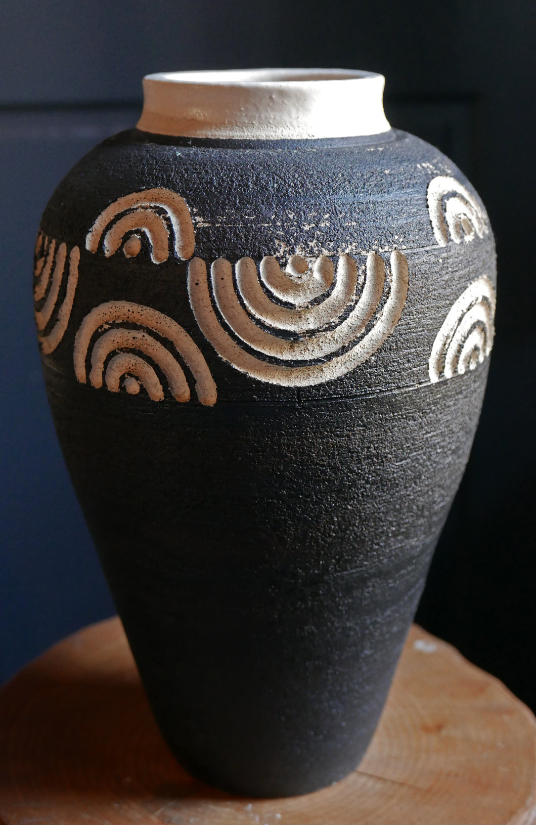 Black and white graphic stoneware vase by ceramic artist Patrick oates