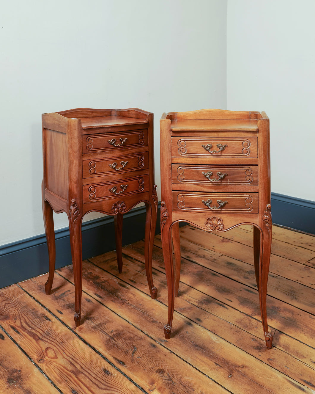 Antique French Marquetry Serpentine Bedside Tables