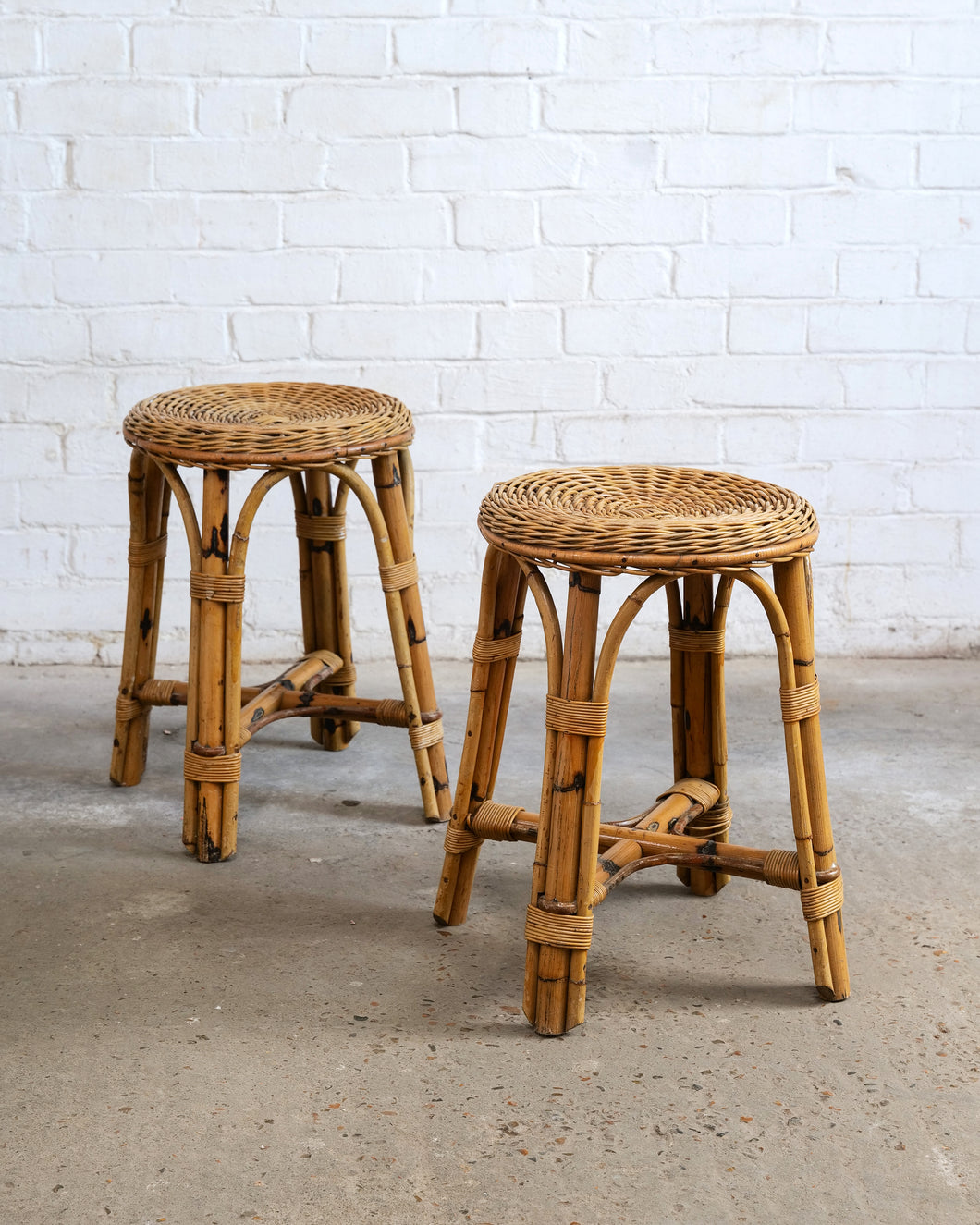 Pair Of Wicker And Bamboo Stools