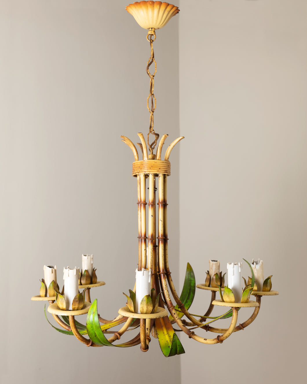 Large French Faux Bamboo 8 Light Tôleware Chandelier.