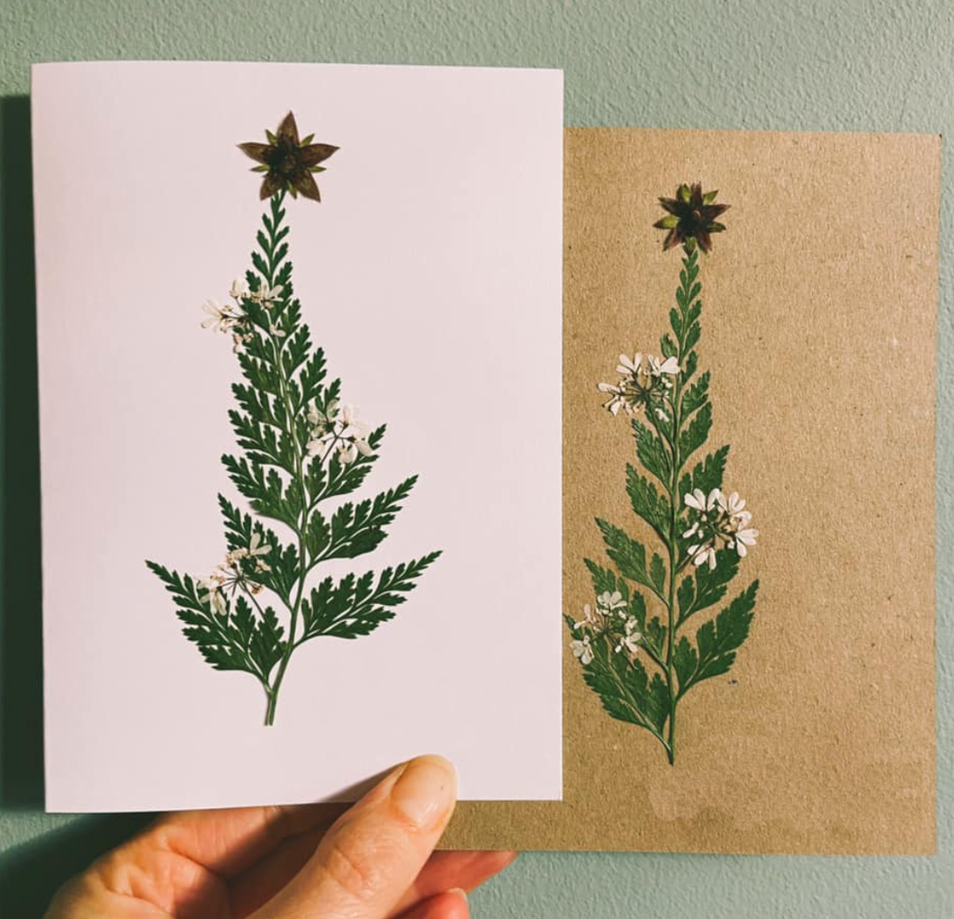 Personalised Handmade Card by Fleur Pressée - Real pressed fern Christmas Tree - Brown Kraft