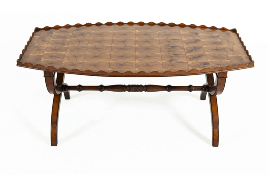 1930's Oyster Veneer Cross band Coffee table with scalloped edge
