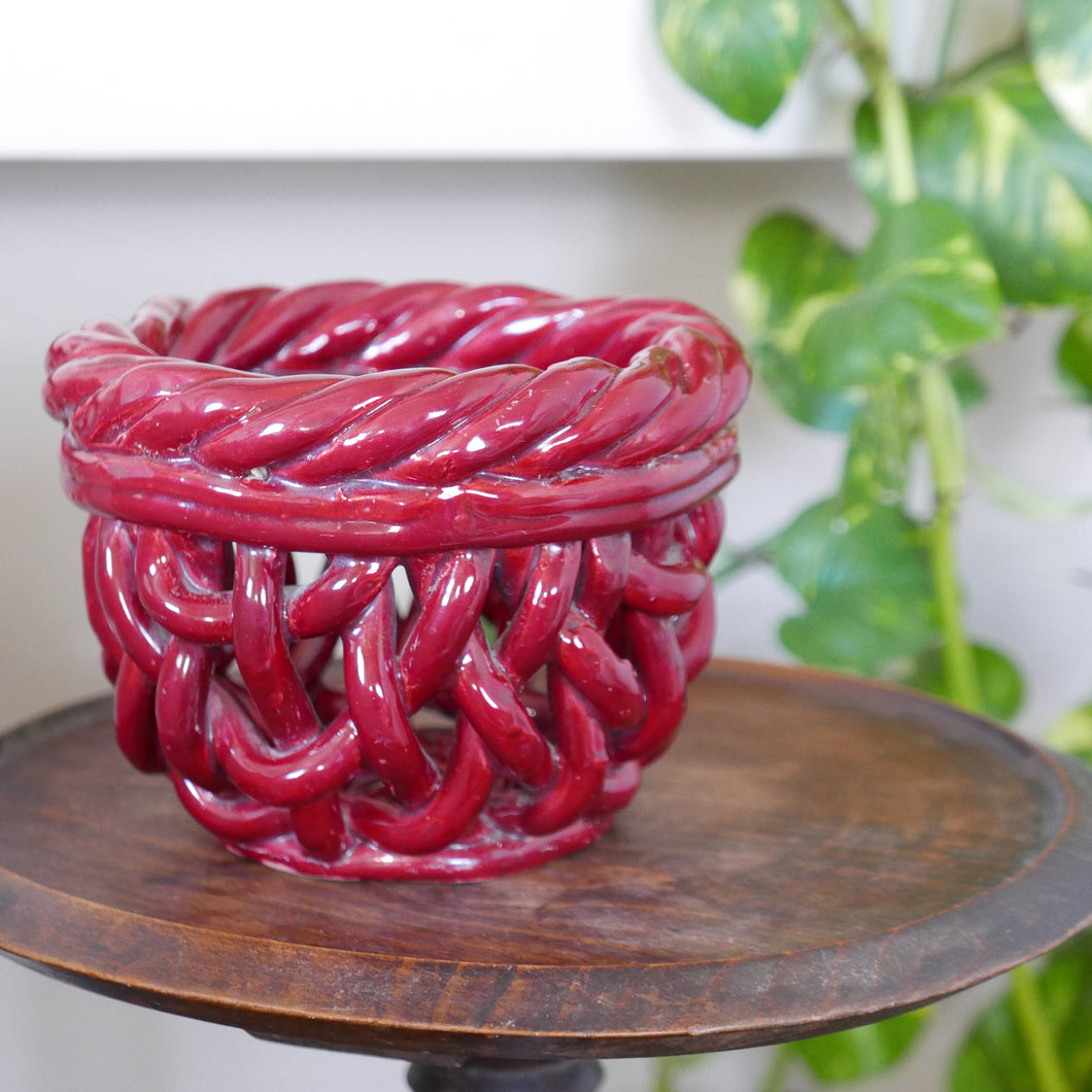 French Glazed Woven Ceramic Basket/ Bowl