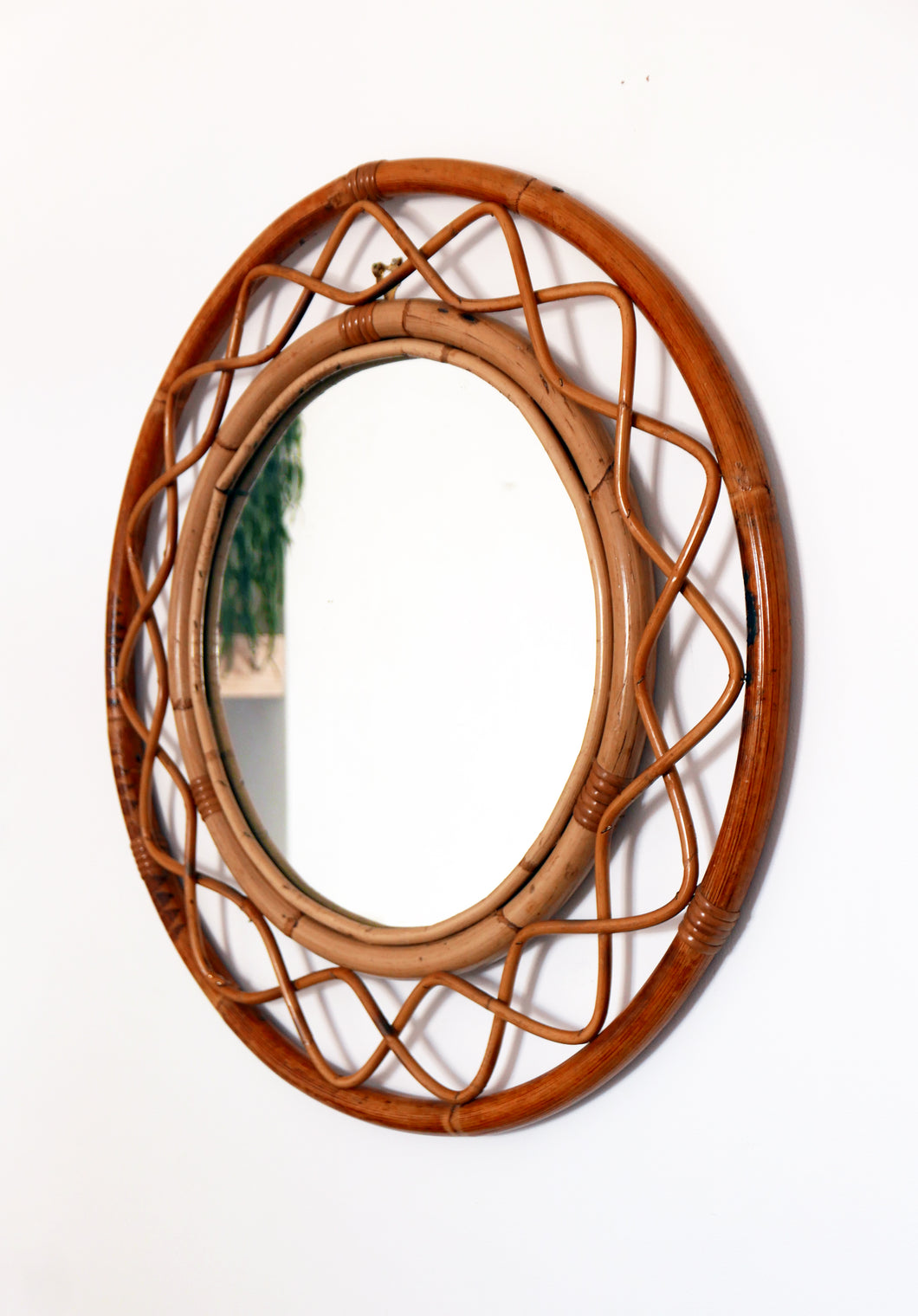 Vintage Bamboo And Cane Round Mirror