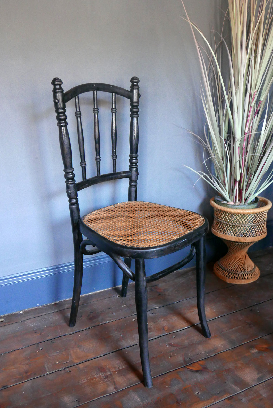 antique ebonised bentwood chair with cane seat 