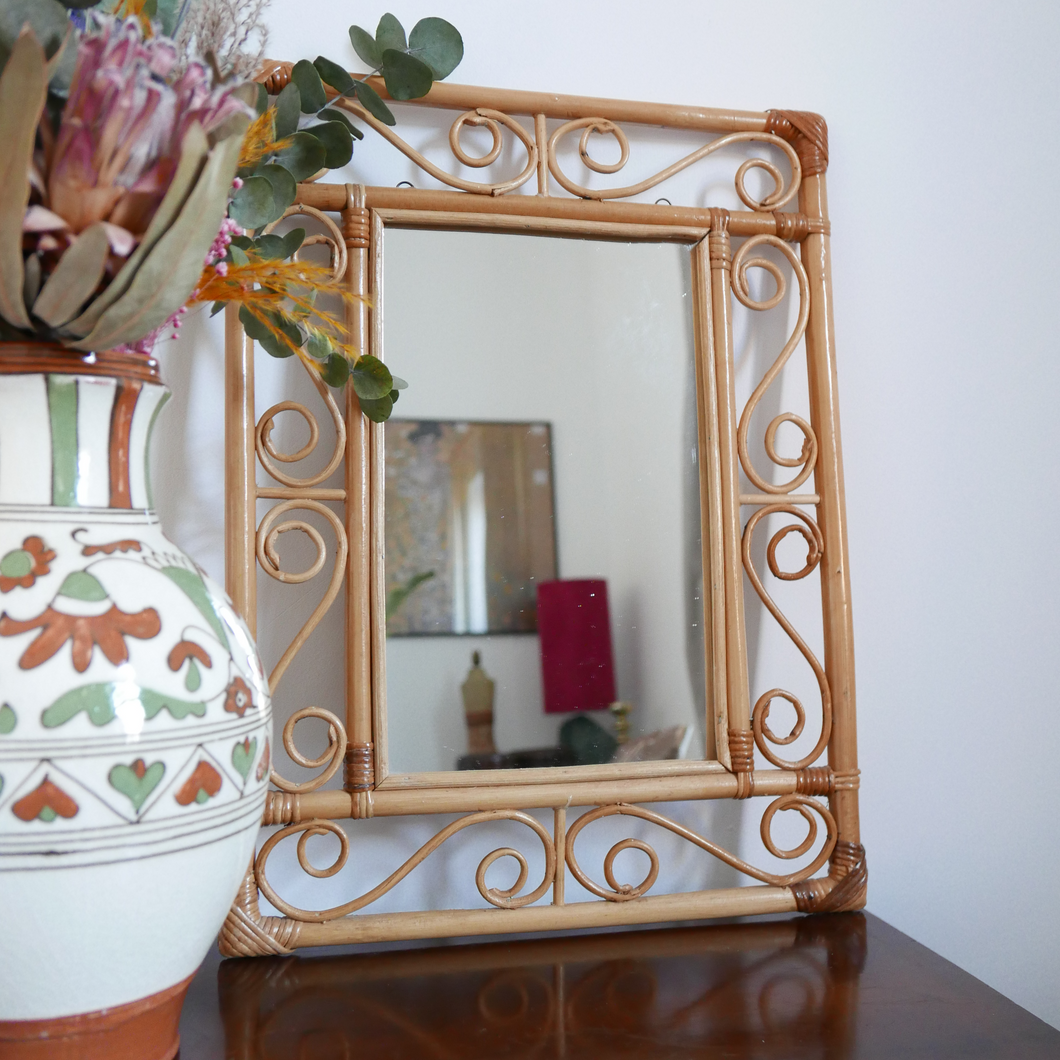 Vintage boho bamboo and wicker French Mirror 