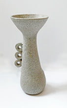 Load image into Gallery viewer, Vintage Stoneware vase with a delicate abstract detailed handle and a mottled matt glaze. 
