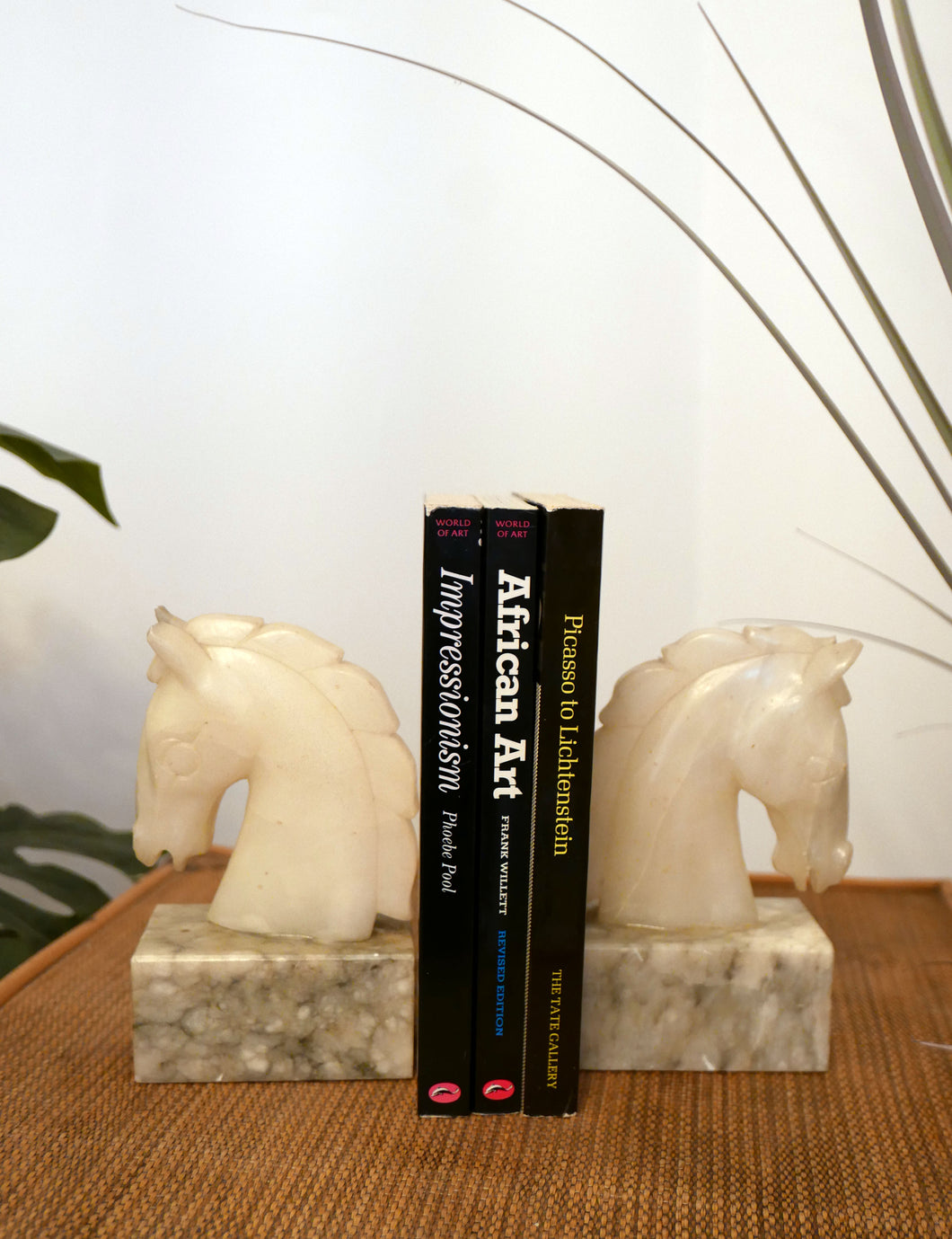 Pair Of Italian Alabaster Carved Horse Head Bookends