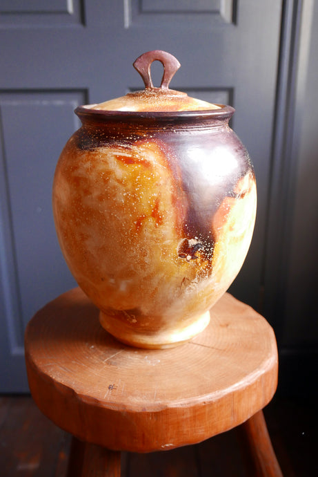 1980s Orange smoke fired Raku Vase by ceramic artist John Bedding 