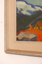 Load image into Gallery viewer, Swedish Oil painting Landscape on board Signed Birger P. Vibrand Blues and Orange tones / Vintage Art / Scandinavian artist 
