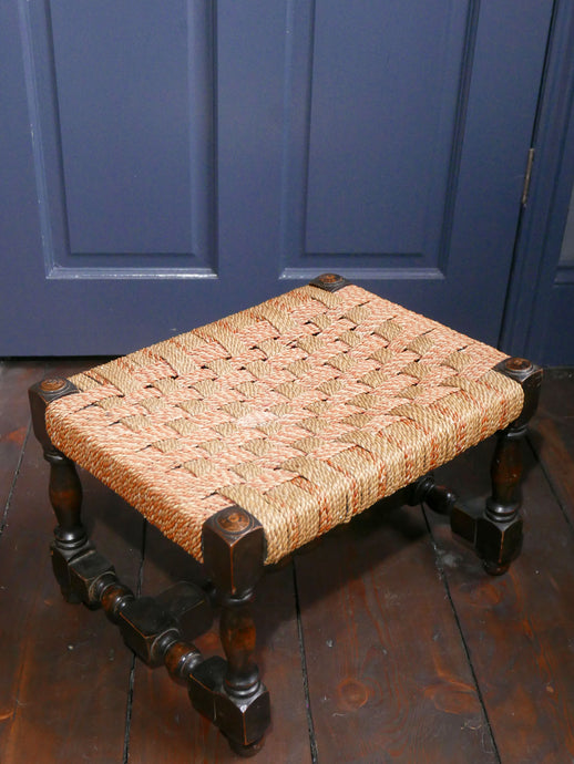 Wooden bobbin turned woven footstool antique 